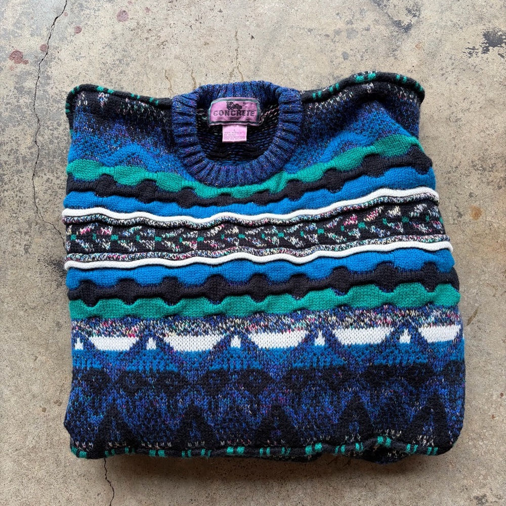 Vintage Sweater Textured 3D Knit Concrete Mix Coogi Style Chunky 90's